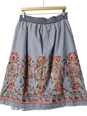 Magic Striped Embroidered Floral Peasant Midi Skirt L/XL